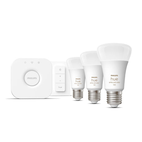Philips Hue White and Color ambiance Startsæt: 3 x E27 pærer (1100lm) + Dimmer switch - DANVIVO